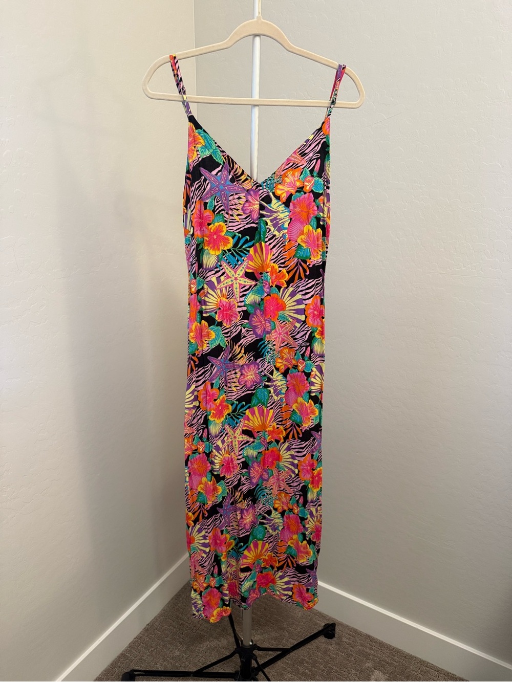 Kenny Flowers Neon Tropical Slip Dress in Pink, Green & Orange